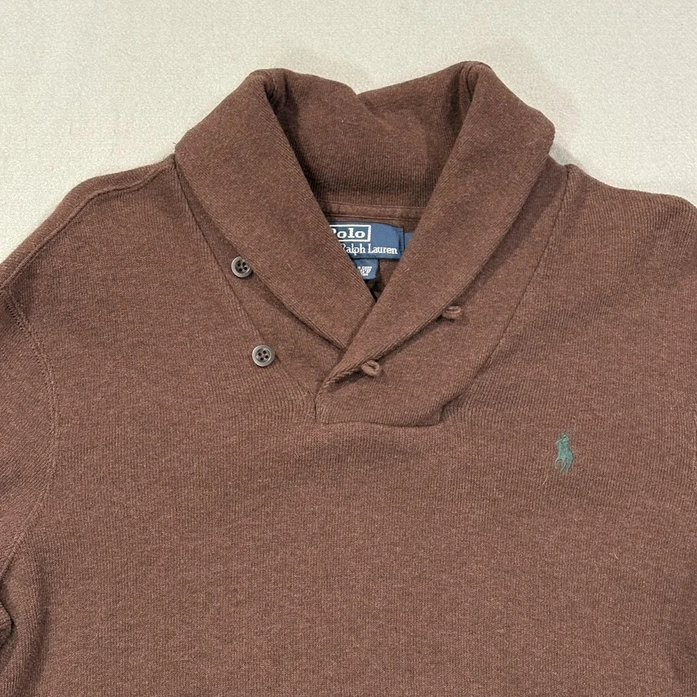 Polo Ralph Lauren Sweater Mens Medium Brown Shawl Collar Cotton Pullover Logo
